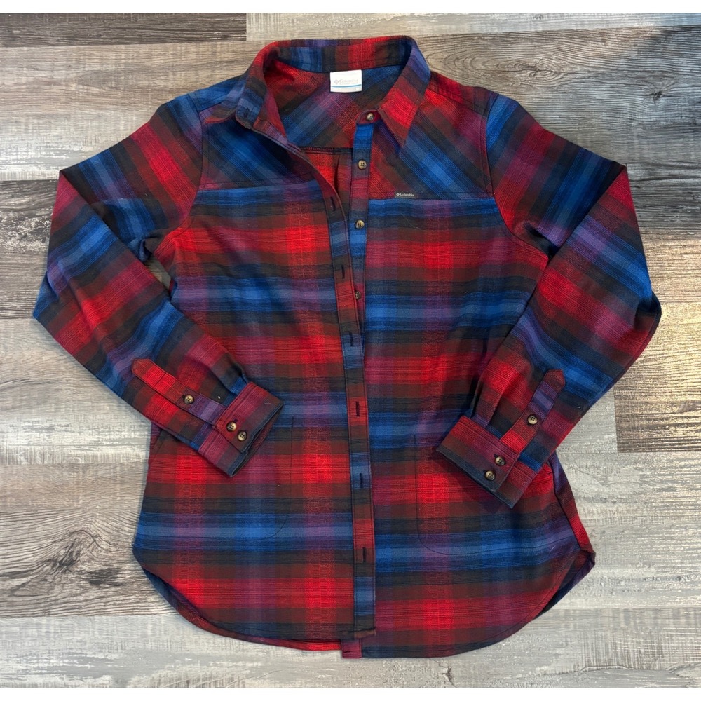 Columbia Mens Plaid Flannel Shirt Red Blue Long Sleeve Button Down Size M